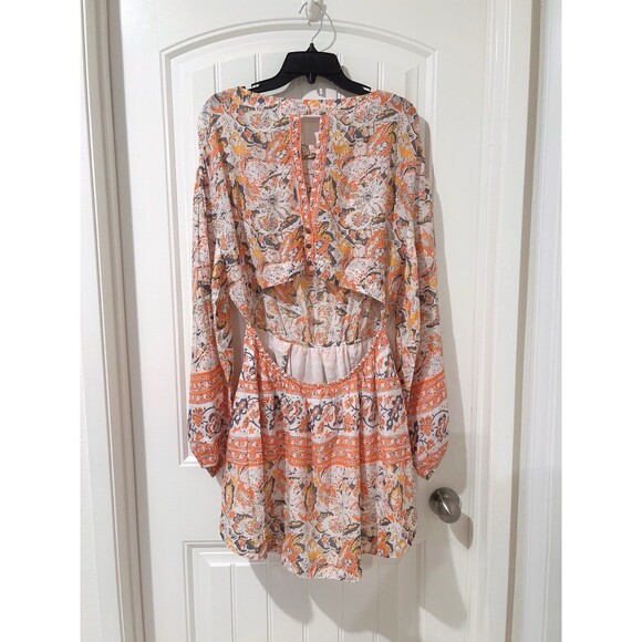 Free People Mini Pocket Dress Sun Ruffle Printed Long Sleeve Cut Out Back Button - Picture 5 of 12